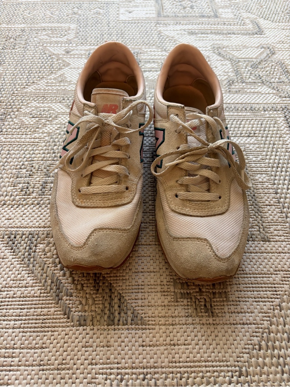 New Balance Tan and Pink Accent Sneakers